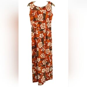 Vintage Royal Hawaiian Rust White Floral Sleeveless Maxi Dress Size 12 L